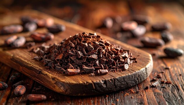 Dark, earthy cacao nibs artfully piled on a small, rough-hewn wooden board, alongside a few perfectly formed cocoa beans, showcasing their natural, rustic beauty.