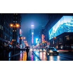 Obraz premium Nighttime City Street Scene with Neon Lights.