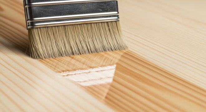 A paintbrush resting on freshly varnished wooden flooring with visible brushstrokes.