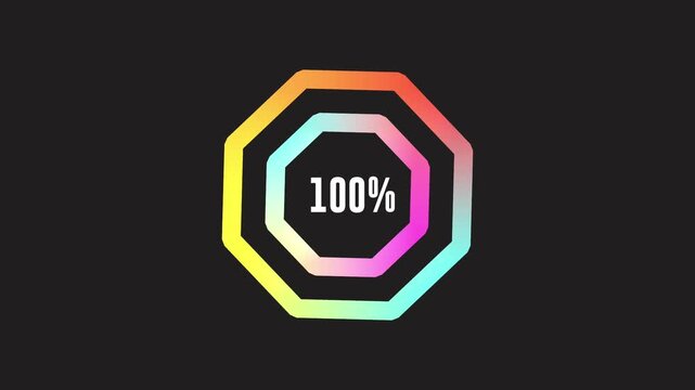 Loading indicator Progress bar 100%.Neon color, black background Percentage meter. UI, hundred percent User interface loading symbol. Download process. Circle icons set, loading circle download