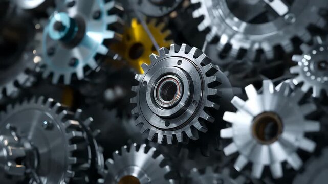 Close up of interlocking metal gears and cogs in mechanical system