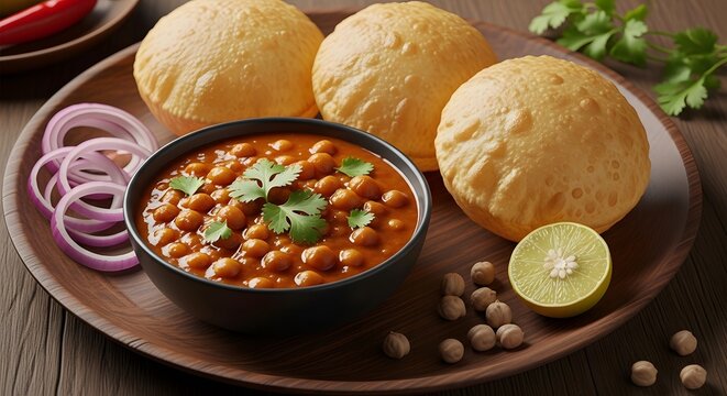 Authentic Indian Chole Bhature and Deluxe Veg Thali with Poori and Basmati Rice, Roti.