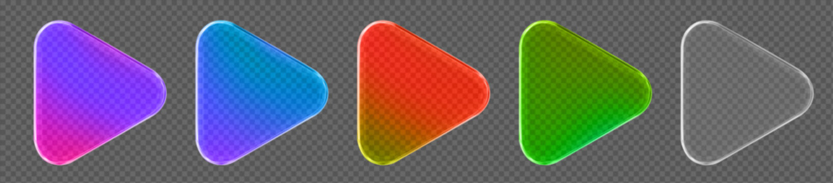 3d set neon glass transparent play button icon. Symbol to watch tv, video, movie,live stream. Stock vector illustration on isolated background.