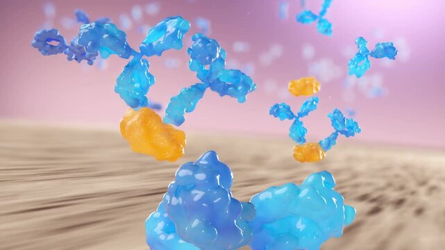 Medical illustration of immune system response, Y-shaped antibodies neutralizing foreign bacteria.