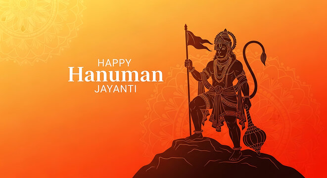 A silhouette of hanuman standing on a rock with a flag in hand against an orange background.