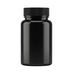 Black plastic supplement bottle with screw cap isolated on transparent background
