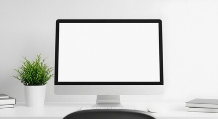 Fototapeta premium Sleek Silver All-in-One Desktop Computer Displaying Blank Screen on a Minimalist White Desk in a Bright Home Office