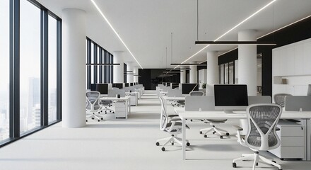Contemporary Open-Plan Office Unoccupied Future-Ready Elevated Cityscape View Interior Sleek Bright Professional Ambiance