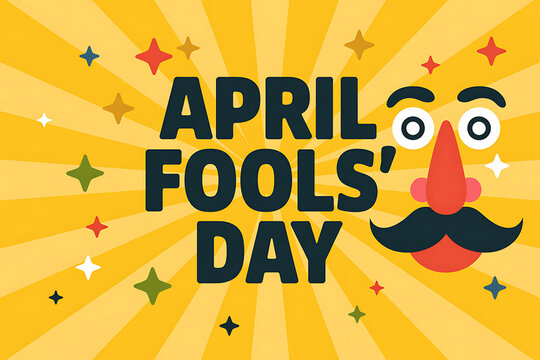 April Fools' Day greeting card with a cartoon face, mustache, and radiant starburst background, cheerful celebration