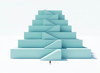 A person standing in front of a large staircase made of blue blocks, leading upwards in a 3D illustration.