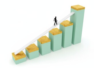Man walking up a rising graph with increasing gold bars on white background from a low angle