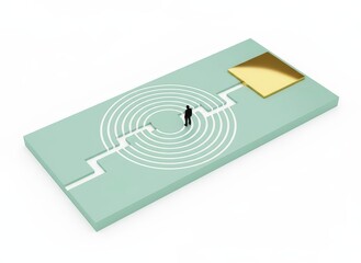 Man navigating through a maze towards a golden exit on a teal surface viewed from above