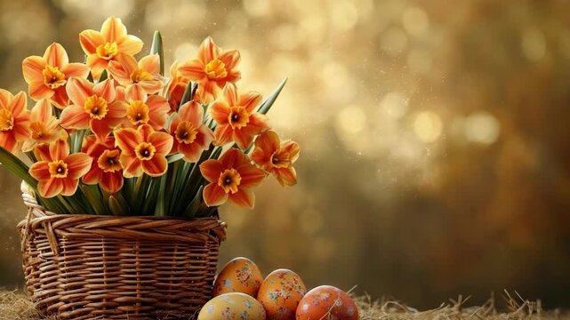 A rustic wicker basket filled with vibrant orange daffodils next to decorated Easter eggs on a bed of hay, featuring a soft golden bokeh background