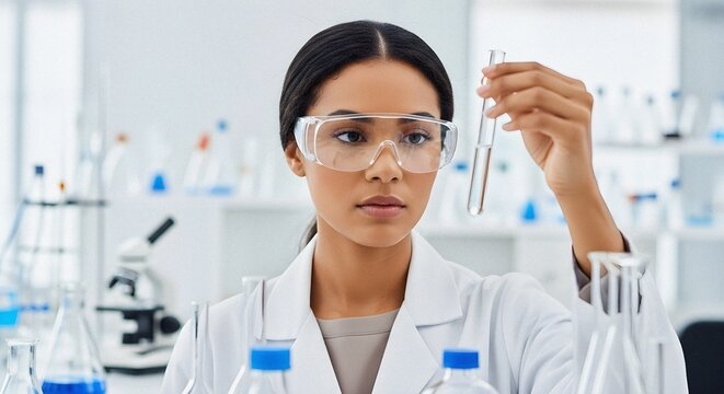 Engaged woman microbiologist inspecting transparent sample vial inside clean white lab with sharp precision