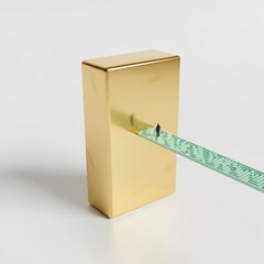 Measuring the height of a gold box with a green tape measure protruding from a small hole on its side