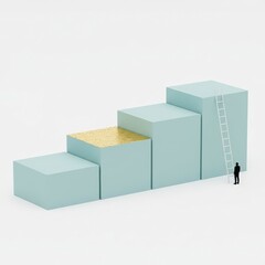 Man standing beside a ladder leaning against a large blue cube structure with a yellow top surface