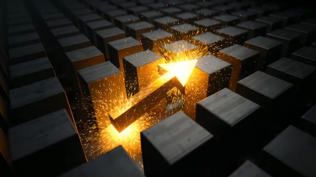 Glowing golden arrow emerging from dark cube grid in abstract concept scene
