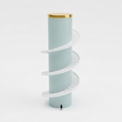 A person standing at the base of a tall, cylindrical structure with a spiral staircase viewed from the side