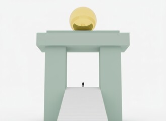 A small figure stands under a minimalist structure with a golden sphere on top viewed from a slight elevation