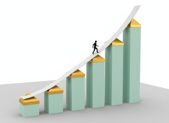 A person climbing a rising graph with increasing bar charts from a low point to a high point from a side viewpoint