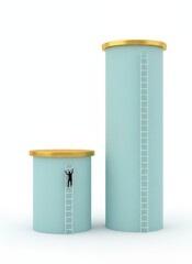 A person climbing a ladder on a teal cylinder next to a taller cylinder with gold tops