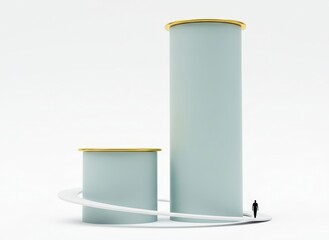 A small figure stands beside two large cylindrical structures connected by a winding path