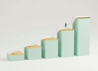 A person standing on a rising bar graph indicating growth and progress from a low to high viewpoint