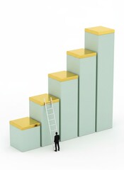 A person climbs a ladder to ascend the rising bars of a graph, symbolizing growth and progress in a 3D illustration.