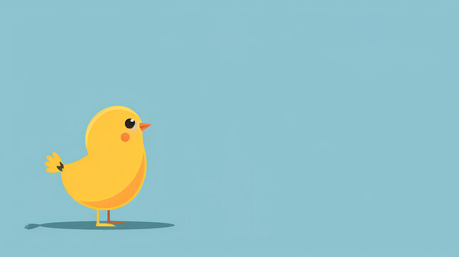 Minimalist flat vector illustration of a cute yellow chick on a solid blue background with massive right copy space, perfectly fitting for children early education materials, minimalist animal icons a