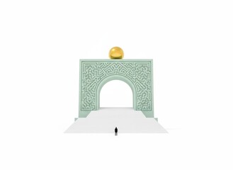 A lone figure stands before an ornate archway with a golden orb, illustration, architectural detail, serene environment, distant viewpoint