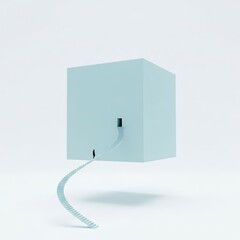 A light blue cube with a cord protruding from its side, viewed from a slight angle, against a white background, illustrating a simple 3D object, showcasing modern design.