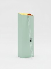Person climbing a ladder on a large mint green box from a straight-on viewpoint
