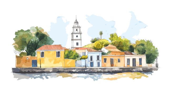 Colonia del Sacramento. Colonia del Sacramento hand drawn watercolor illustration