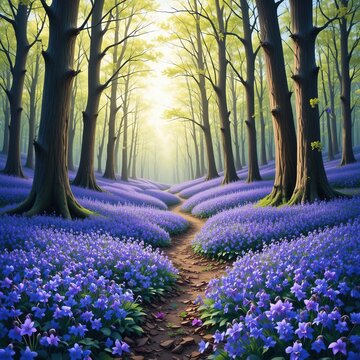 Bluebell Bloom: Spring Woodland Illustration on White Background. Colorful Forest Floor Scene. Nature Design Element. Isolated Floral Image.