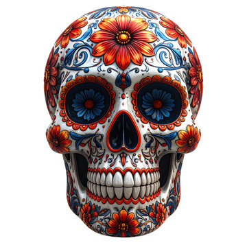 Colorful sugar skull with flowers on it skully isolated against black background.