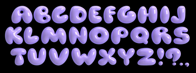 3D lilac plastic font. Bold bubble typescript. Y2K alphabet. Groovy light purple letters. Three-dimensional round typeface isolated on black background © Morena
