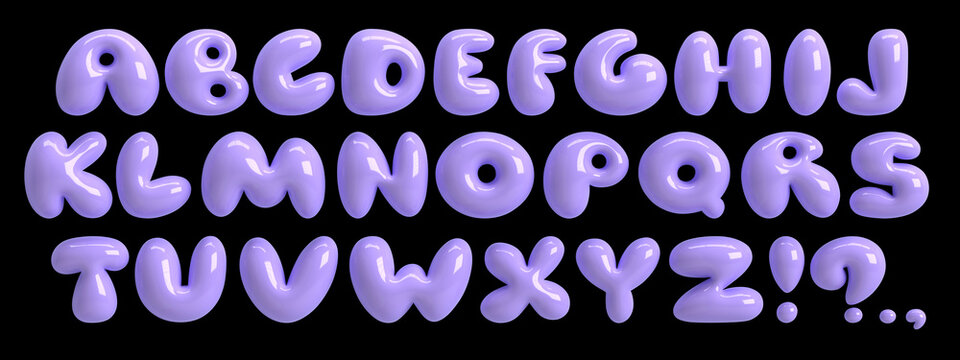 3D lilac plastic font. Bold bubble typescript. Y2K alphabet. Groovy light purple letters. Three-dimensional round typeface isolated on black background