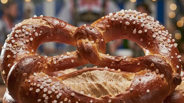 Close-up of a golden-brown Bavarian pretzel with coarse salt crystals on a blurred background