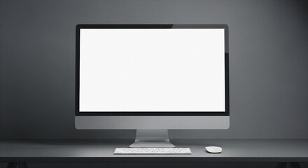 Fototapeta premium Minimalist All-in-one Desktop Computer Mockup on Dark Grey Desk with Subtle Ambient Lighting
