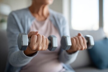 Senior woman exercising with dumbbells for fitness and health