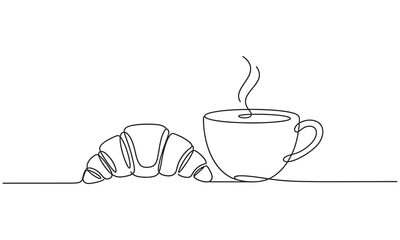 Coffee cup and croissant continuous line drawing. Breakfast in simple linear style. Pastry Croissant. Vector illustration