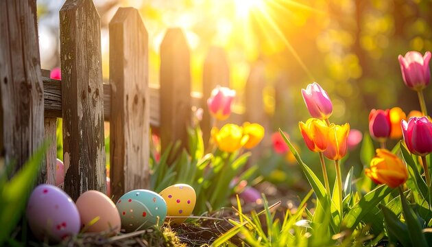 Vibrant easter egg hunt scene beside a rustic wooden fence surrounded by blooming tulips in a lush garden at sunrise from a low angle viewpoint capturing the warm sunlight