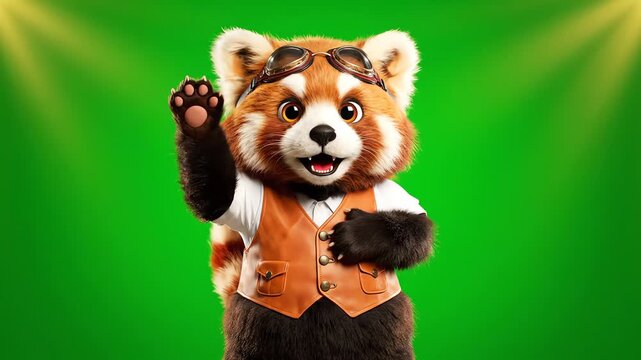 An adorable red panda dressed in a steampunk aviator vest and goggles waves enthusiastically against a vibrant green studio background with cinematic lighting.