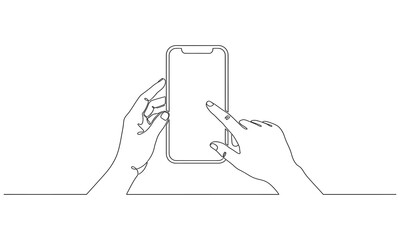 Continuous one line drawing of gesture hands and touch the screen of smartphone. Gadget device concept single line draw design graphic vector illustration