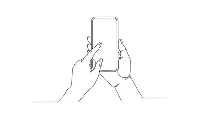 Continuous one line drawing of gesture hands and touch the screen of smartphone. Gadget device concept single line draw design graphic vector illustration