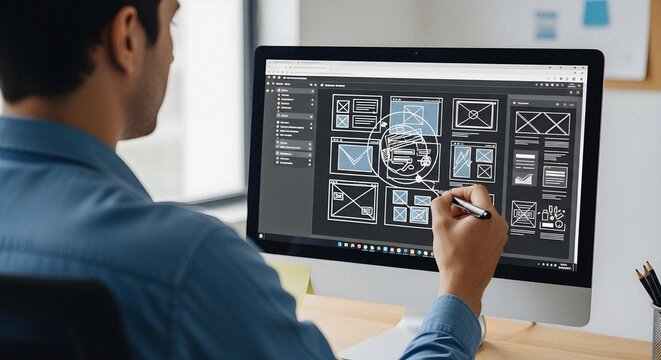 Young male designer actively creating complex website wireframes in bright modern office workspace with focused digital innovation