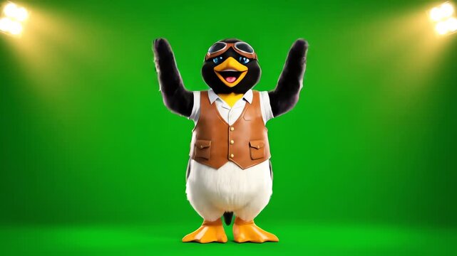 An enthusiastic penguin wearing vintage flight gear raises his wings in celebration against a bright green background with studio lights.