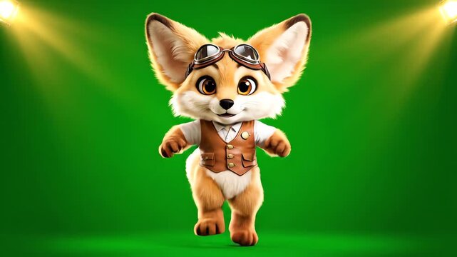 A cute 3D animated fennec fox wearing aviator goggles and a leather vest marches enthusiastically in place against a solid green screen with stage lights.