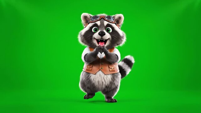 A cute 3D animated raccoon wearing aviator goggles and a vest claps excitedly and jumps with joy against a solid green background.