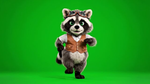 A friendly, anthropomorphic raccoon wearing goggles and a leather vest walks toward the camera against a vibrant green screen backdrop.